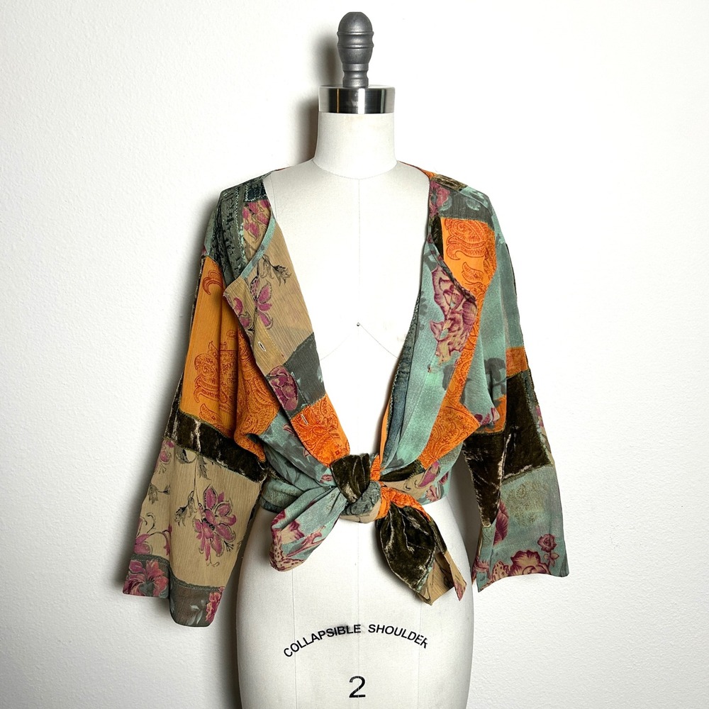 Vintage Multicolor Patchwork Velvet Chiffon Floral Paisley Shirt Women Size XL - Picture 2 of 6